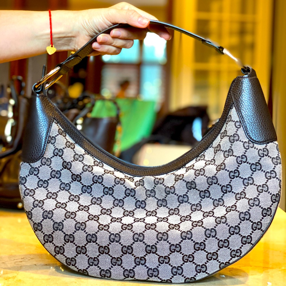 GUCCI Beige/Brown GG Canvas and Leather Hobo Bag